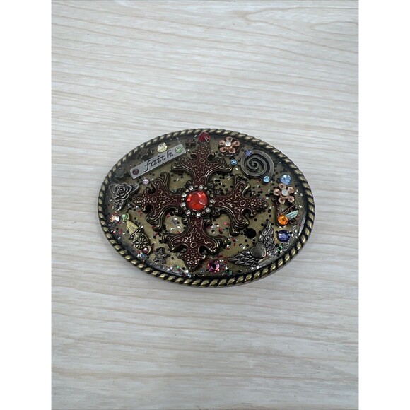 Womens Western Colorful Belt Buckle Faith Flowers Bling Star Heart Bronze Color - Picture 1 of 6